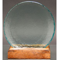 Aqua Blue Circle of Excellence Award Plate w/ Wood Base - Recycled Glass